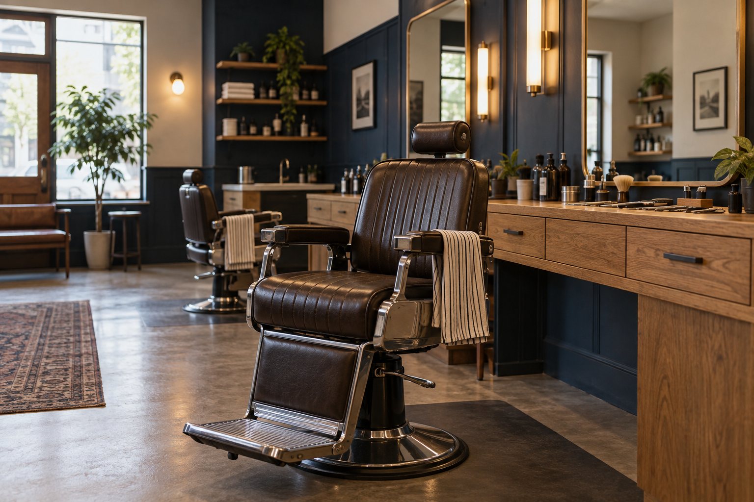 Klassischer Barberstuhl aus dunklem Leder vor Spiegeln in einem aufgeräumten Barbershop