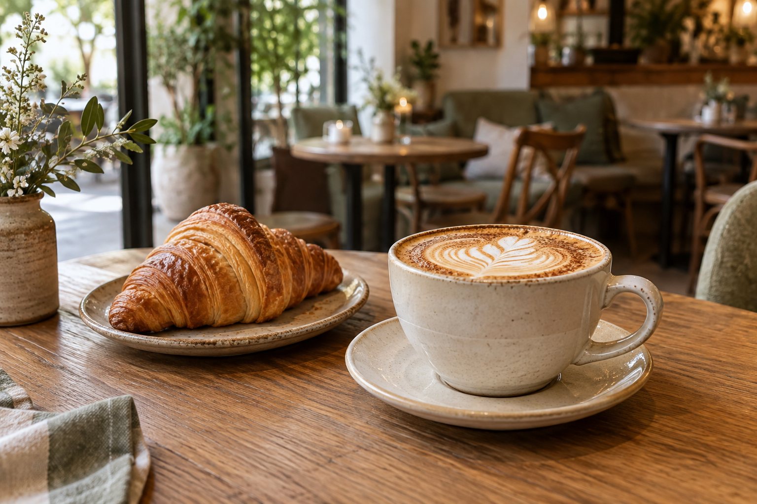Cappuccino und Croissant auf einem Holztisch im hellen Gastraum