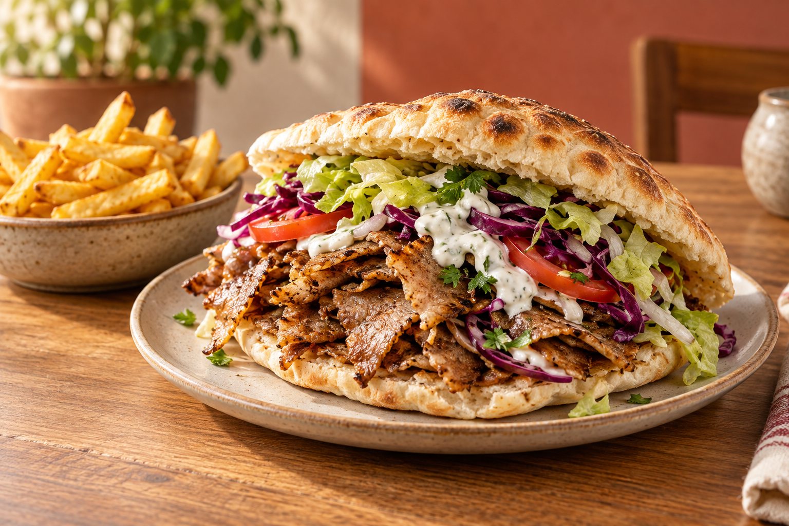 Frischer Döner im Fladenbrot mit Salat auf einem Teller
