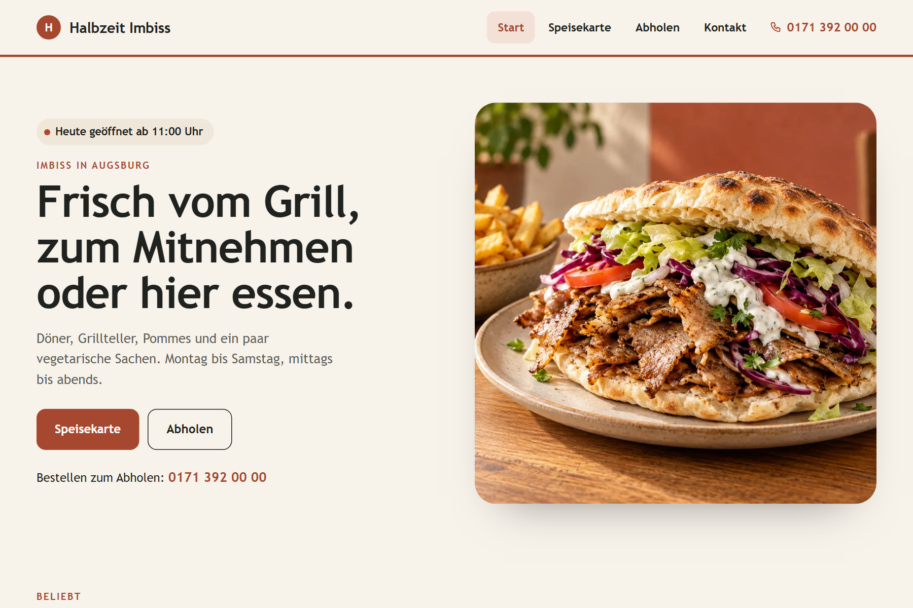 Fiktive Demo-Website für einen Imbiss: warme Startseite mit Foto eines Döners, Öffnungszeit von heute und Telefonnummer