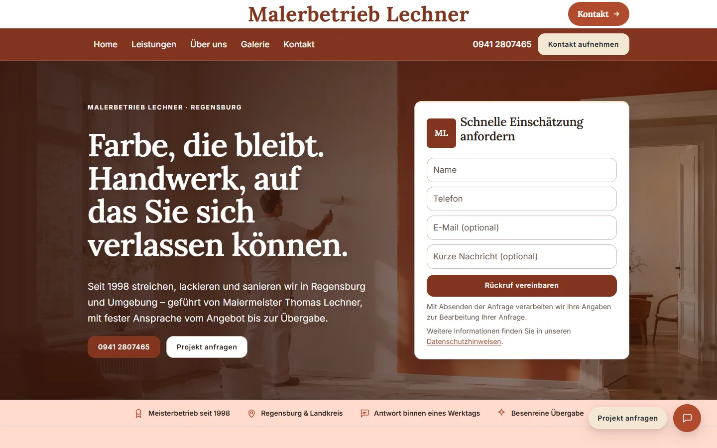 Maler-Website (Demo Malerbetrieb Lechner) auf dem Desktop